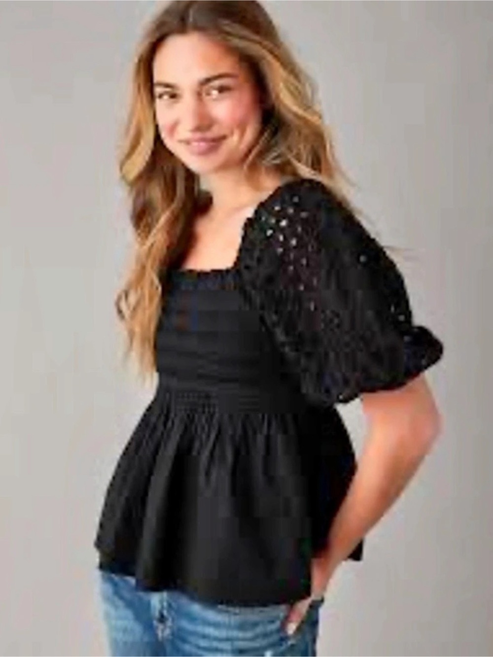 American Eagle Puff Sleeve Eyelet Smocked Black Babydoll Top, Medium